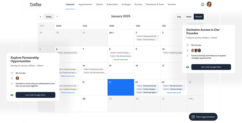 Treffas calendar and booking dashboard